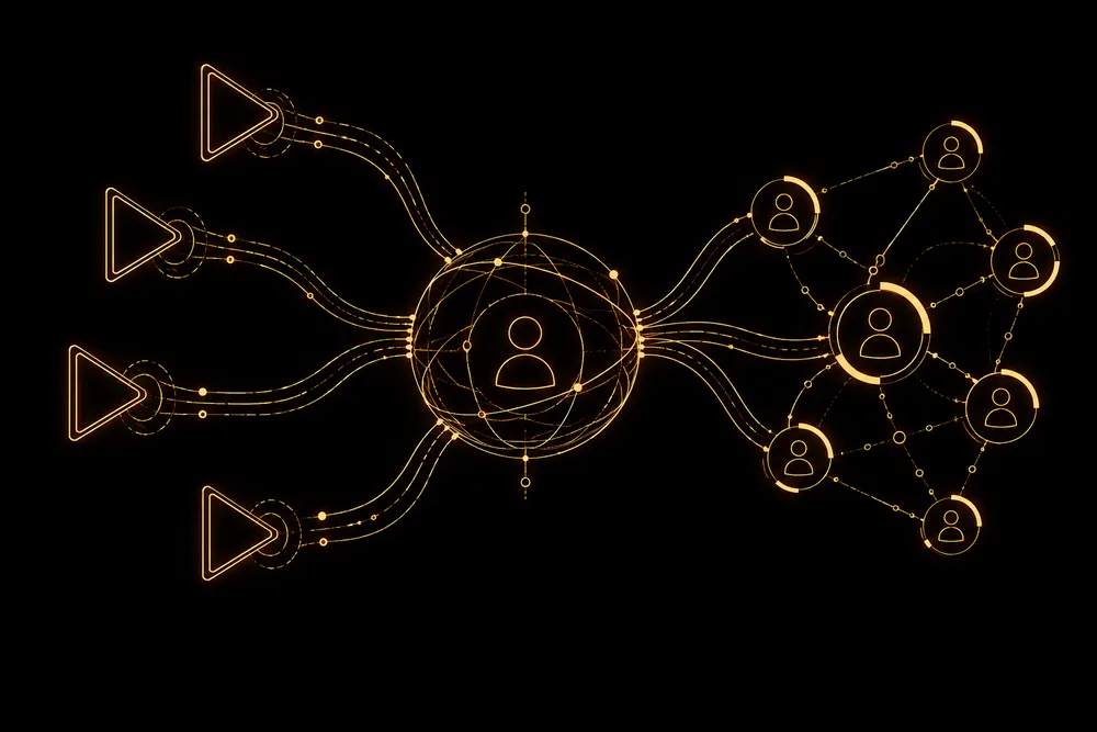 Several new-video triangles connect through one author orbit to a shared audience with partly occupied capacity rings.