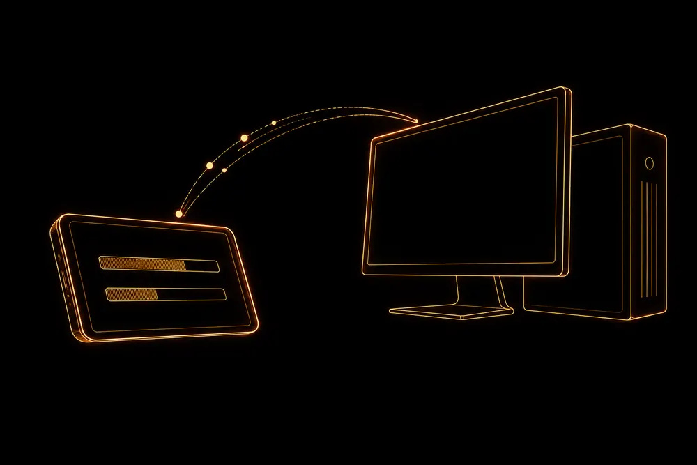 An outlined handheld screen with two progress bars connects to a desktop computer through a small packet arc.