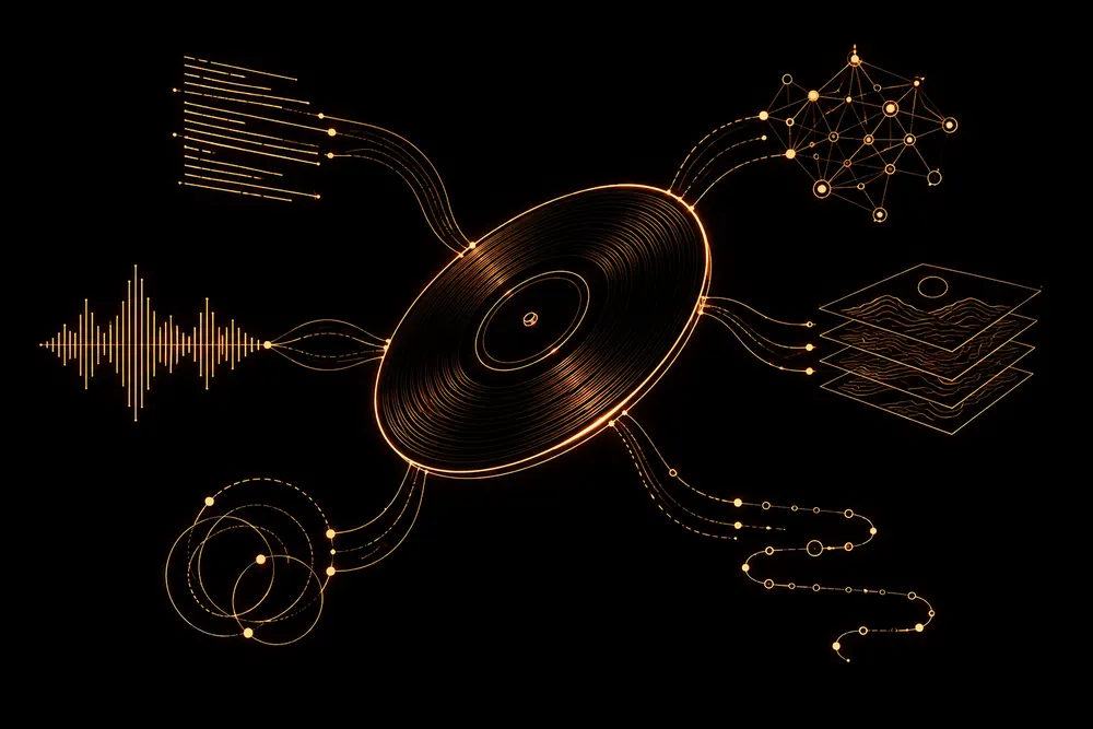 A tilted record receives separate lexical, semantic, audio, artwork, continuity and history paths with different strengths.
