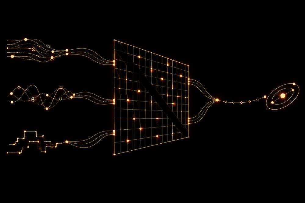 History paths pass through a thin matrix with a dark diagonal and active off-diagonal intersections toward one target.