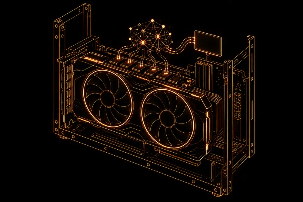 An outlined two-fan GPU inside a computer frame supports a local neural structure and small terminal.
