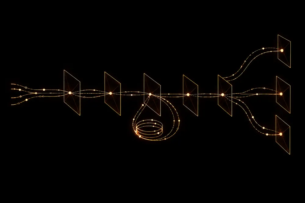 A timeline passes through event planes while a separate delayed loop returns information through a memory spiral.