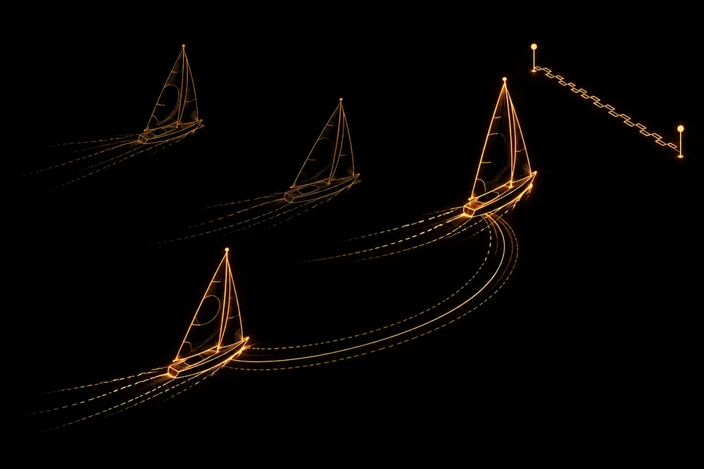 Four outlined sailboats approach a finish boundary, with a curved route linking the leading boat and its teammate behind.